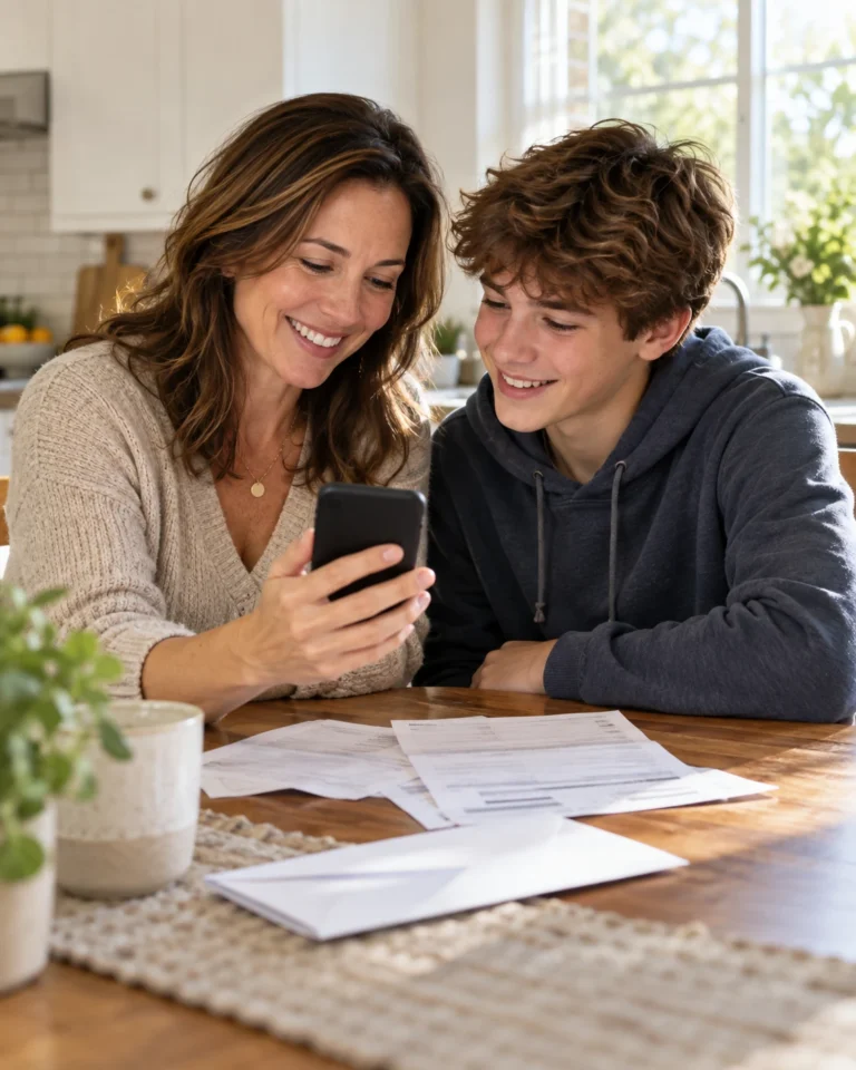 Mother and son checking free phone benefits on a smartphone