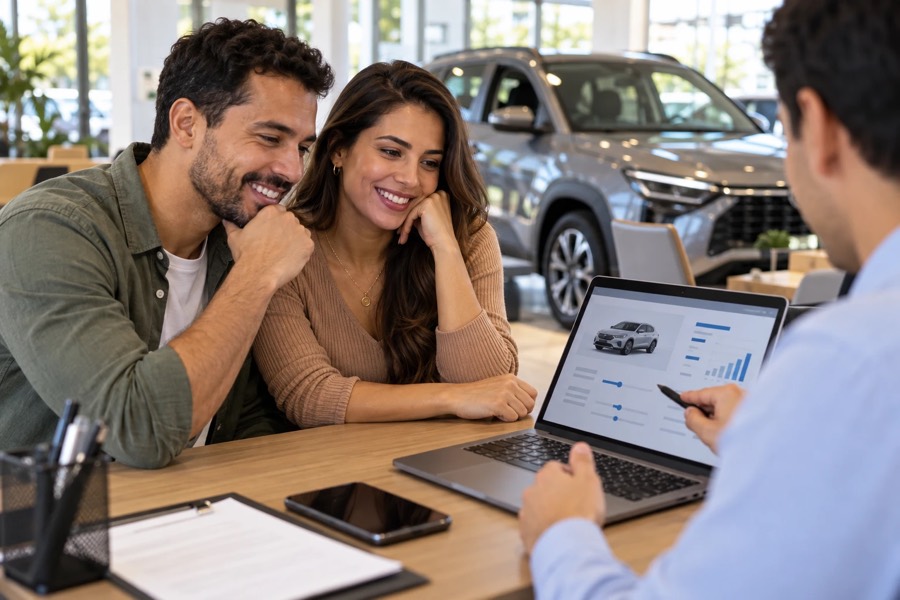 Casal simulando financiamento de carro na concessionária