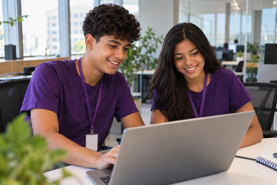 Dois jovens aprendizes sorrindo enquanto usam um notebook no escritório